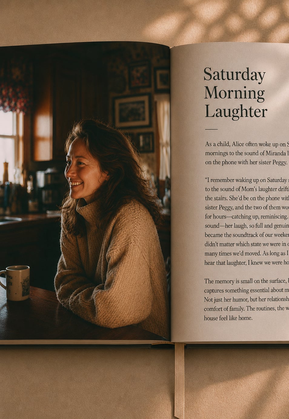 Open book showing the Saturday Morning Laughter chapter and photo