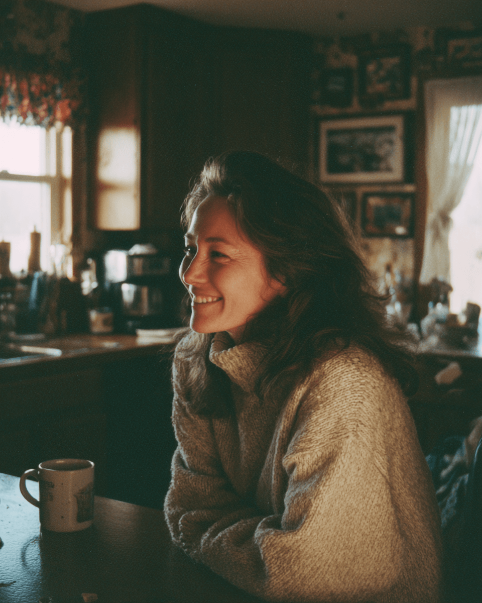 Woman laughing on phone in 1990s kitchen